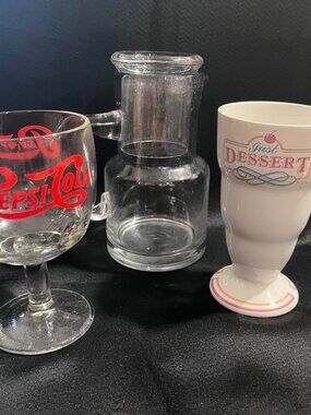 Vintage Glassware Lot | Pepsi Goblet, Clear Carafe, Just Dessert Milkshake Cup